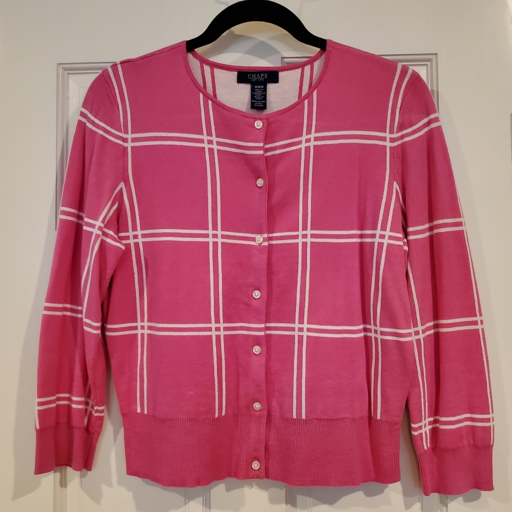 Chaps Pink with White Windowpane Cardigan Medium